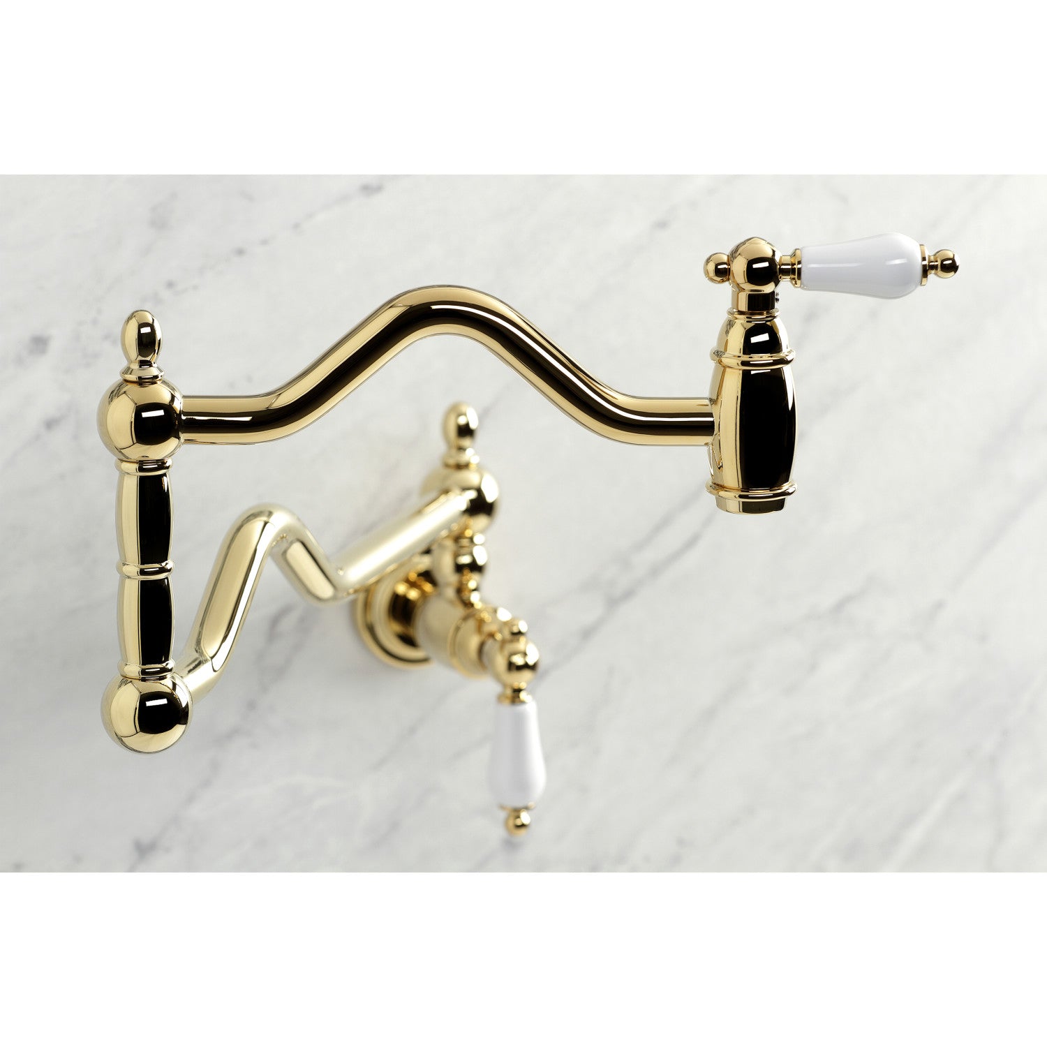 Kingston Heirloom KS2102PL - Heritage Two-Handle 1-Hole Wall Mount Pot Filler Faucet, Polished Brass — thumbnail 2